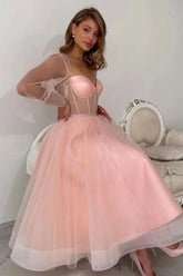 Elegant Long A-line Pink Tulle Long Sleeves Prom Evening Dresses Peach Party Dress
